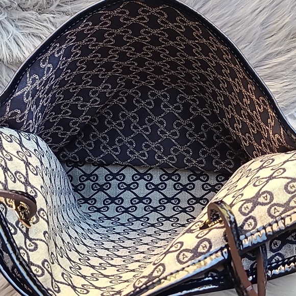 Anya Hindmarch logo blue and gray canvas tote leather handles leather